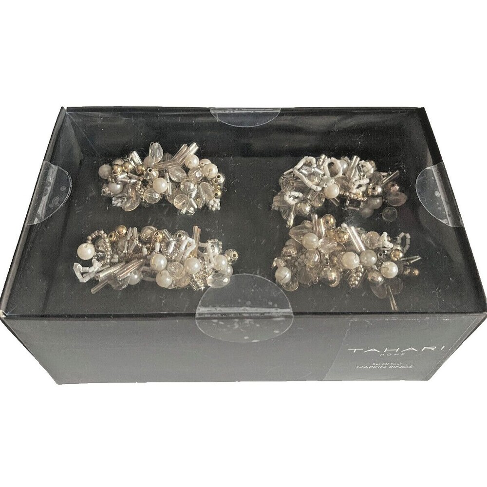 Christmas Tahari Beaded Napkin Rings Set of 4 Gold Silver White Beads 3" Holiday